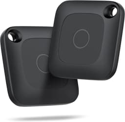 Two black Beacon Tag Bluetooth trackers photographed front and back