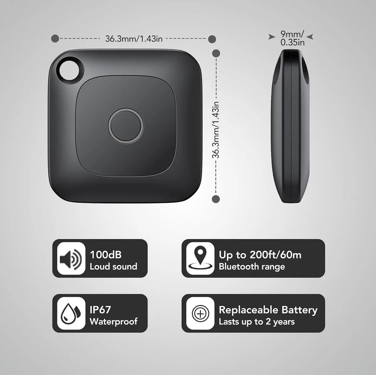 Beacon Tag size card: 36.3 mm square, 9 mm thick, IP67, up to 100 dB, 60 m range